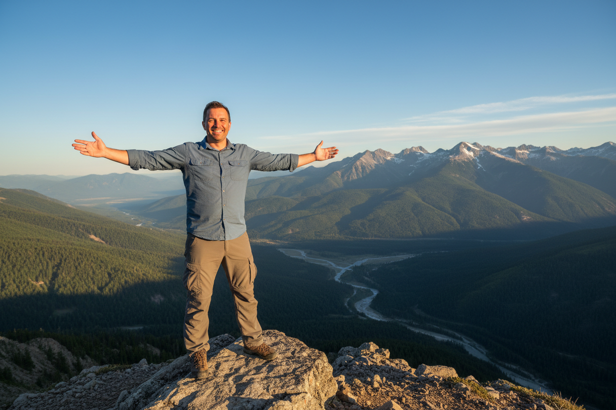 man with big smile in montains